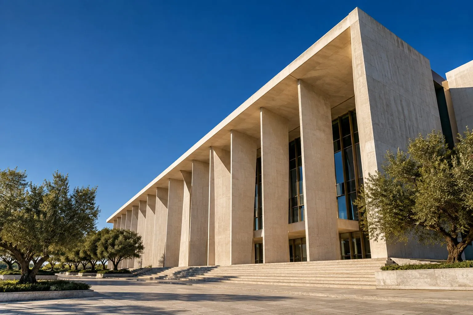 Arquitetura modernista de um edifício público, com linhas estruturais marcadas e luz natural