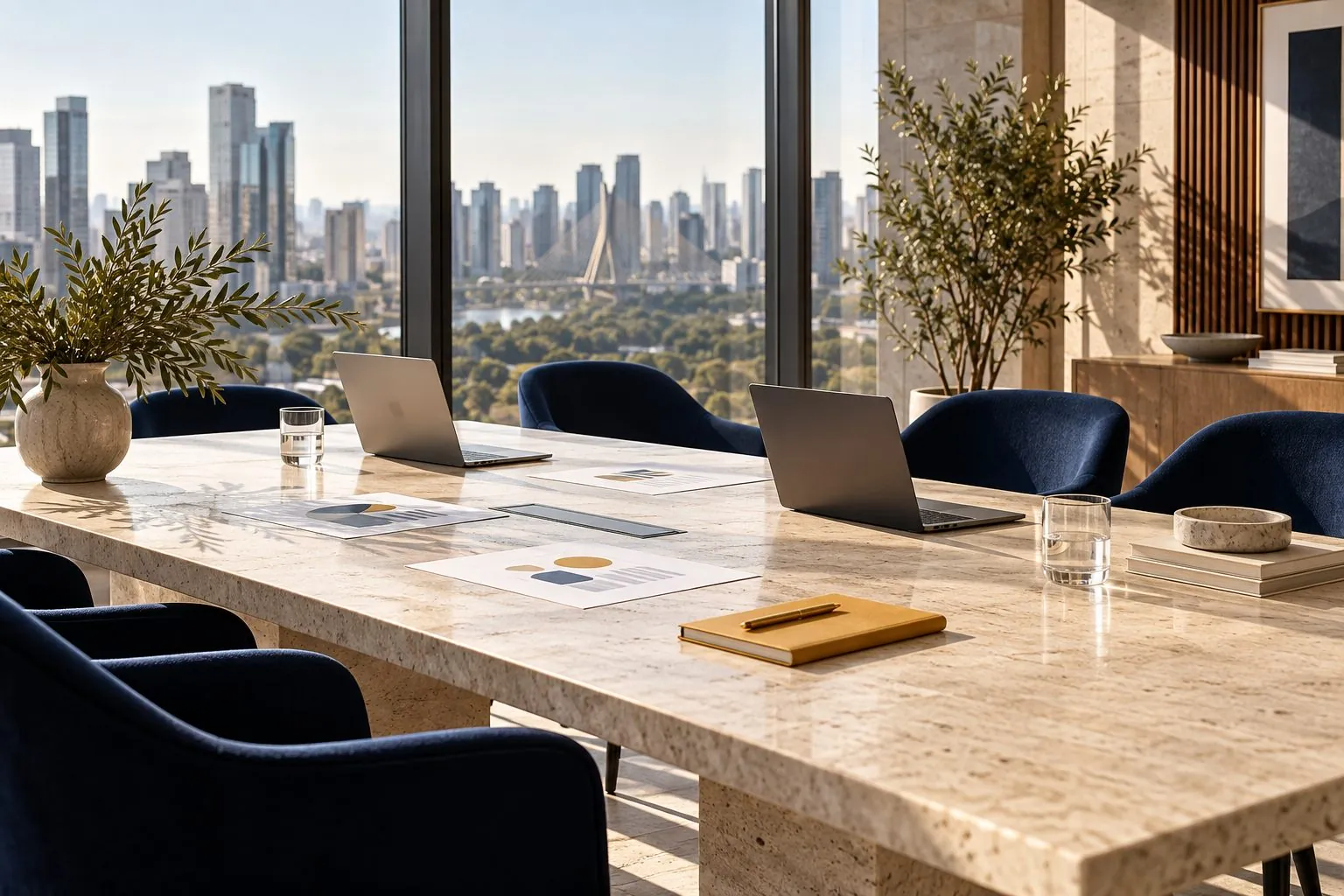 Sala de reuniões com mesa de pedra clara e cadeiras azul-marinho